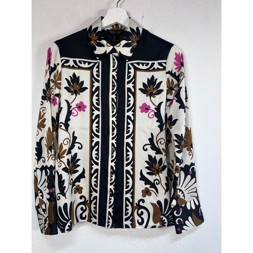 Rachel Zoe Womens Ornate Print Button Down Shirt Blouse Top XS Long Sleeve New